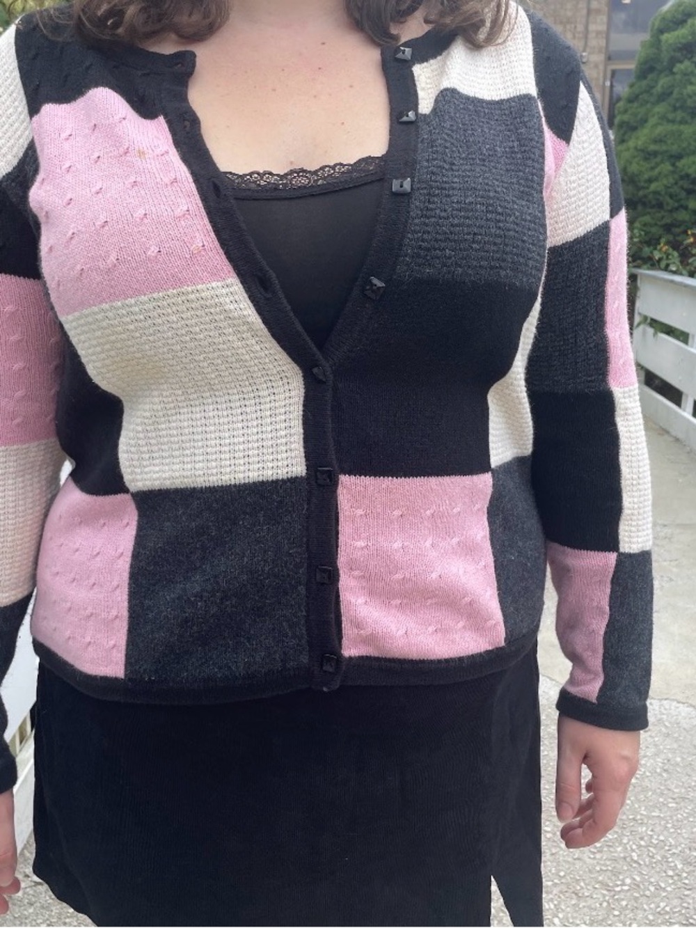 Christopher & Banks Pink, Black & Cream Patchwork Button Cardigan